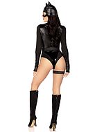 Catwoman, kostyme-body, wet-look, lange ermer, glidelås på forsiden